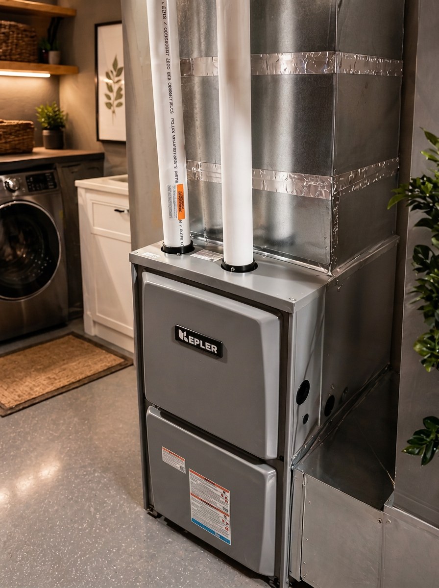 High-efficiency Kepler furnace with sealed galvanized ductwork and PVC venting in a finished laundry room