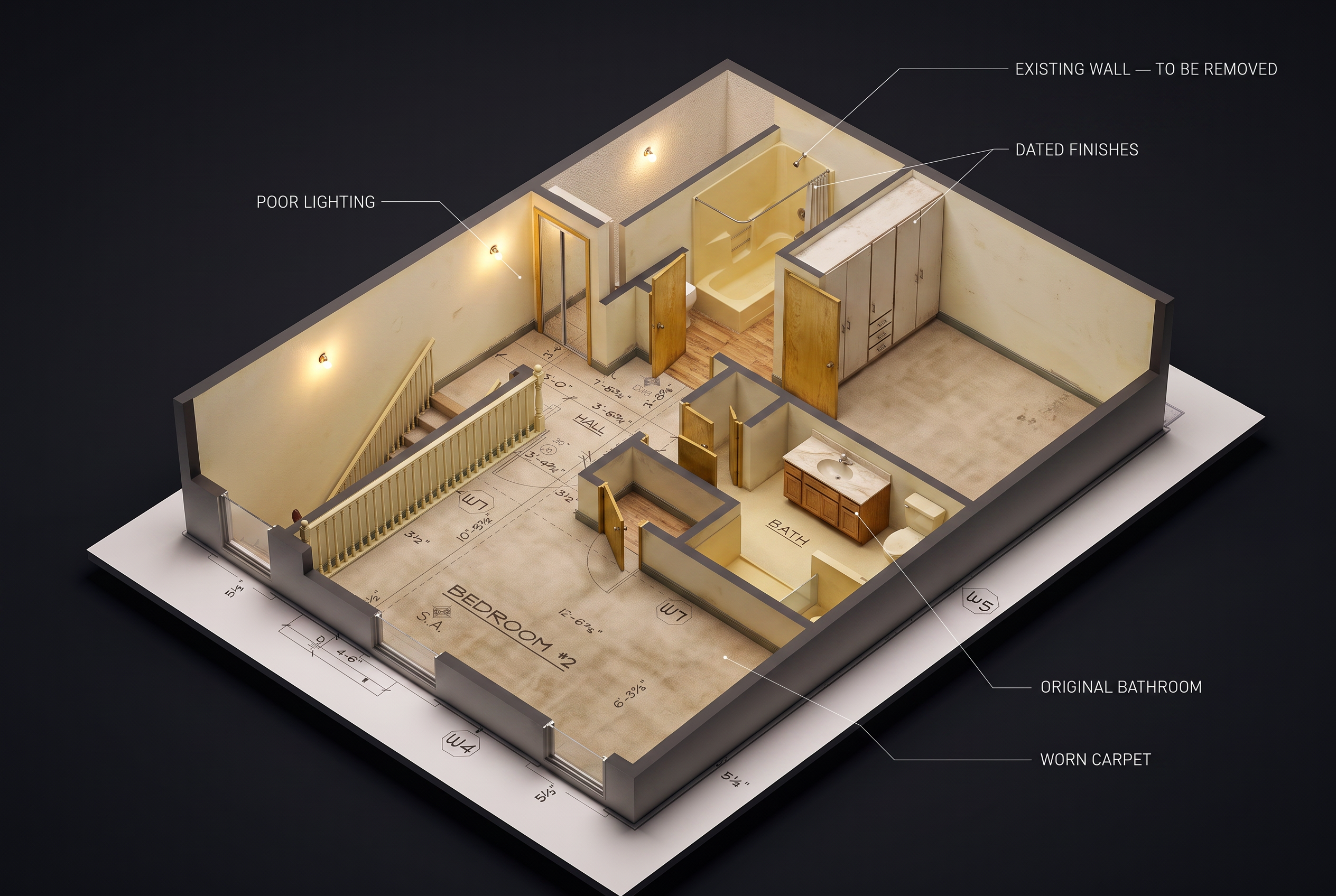 3D isometric cutaway of a dated home interior before renovation: worn carpet, original bathroom, dim lighting, walls marked to be removed