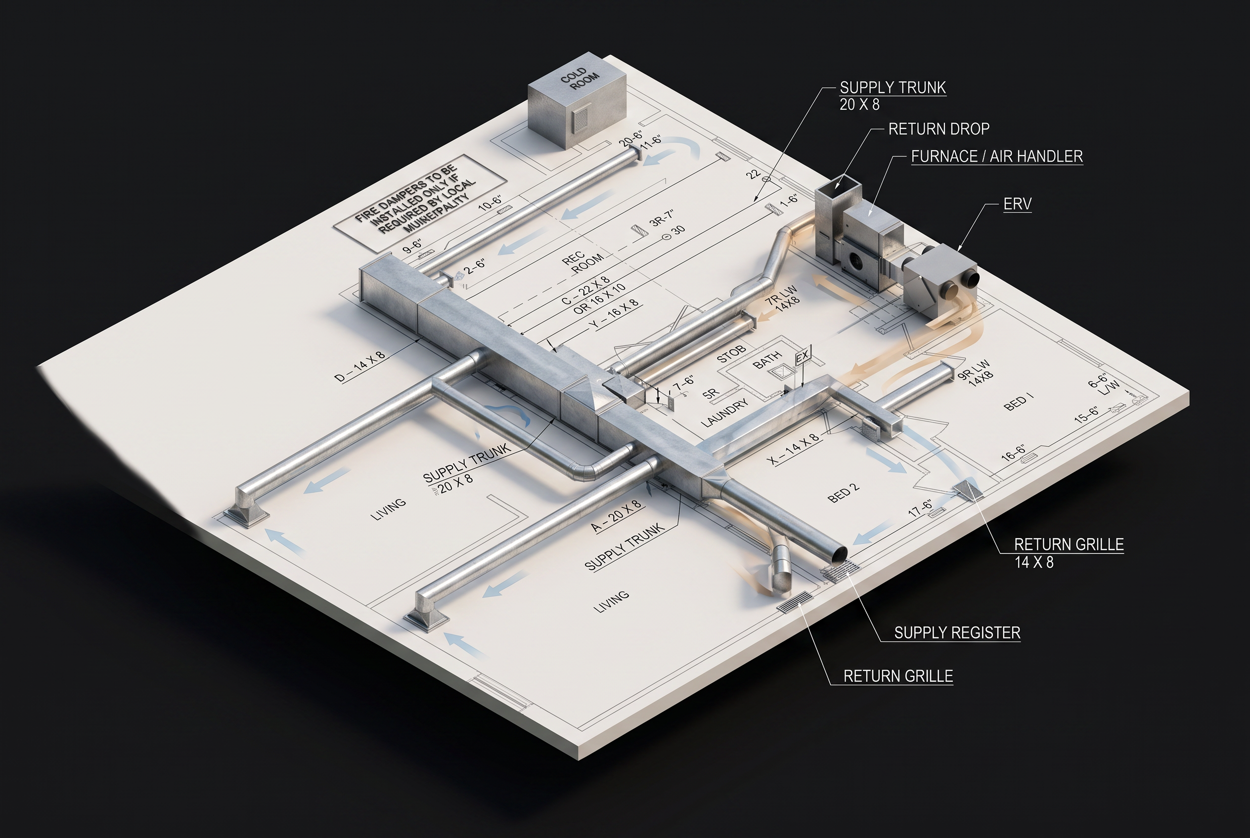 3D isometric HVAC mechanical plan of a residence showing galvanized supply trunk and branch ducts, return drops, furnace and air handler, ERV, supply registers and return grilles, with blue supply and amber return airflow arrows