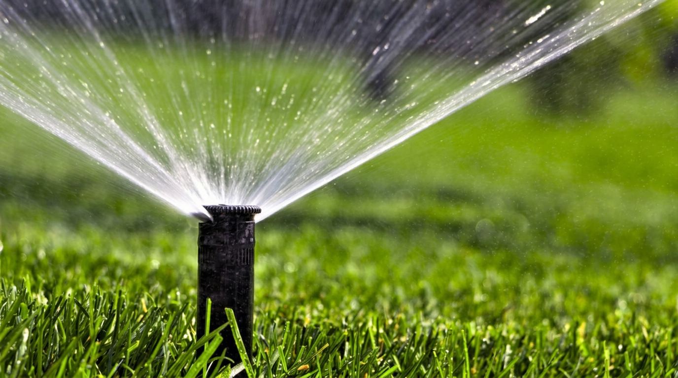 Rotor sprinkler distributing an even water fan across a healthy green lawn