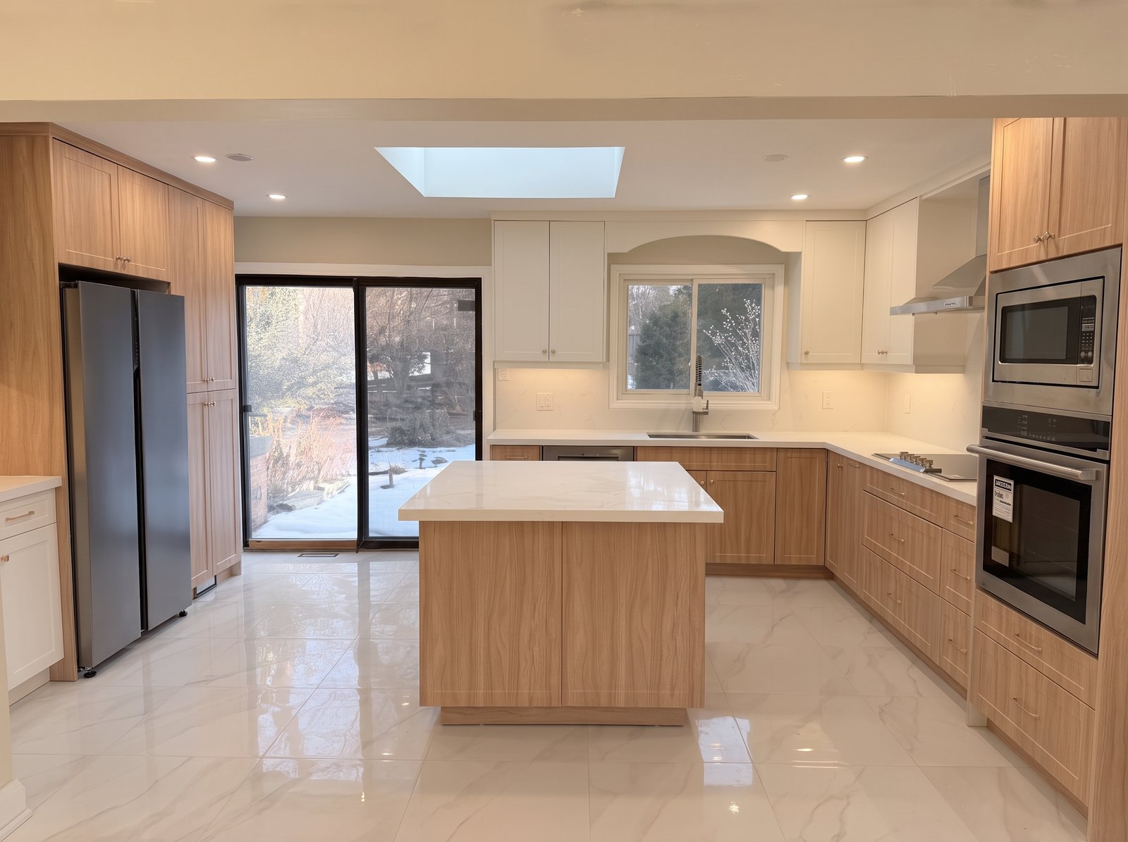 Renovated kitchen with white oak cabinetry, marble-look island and skylight
