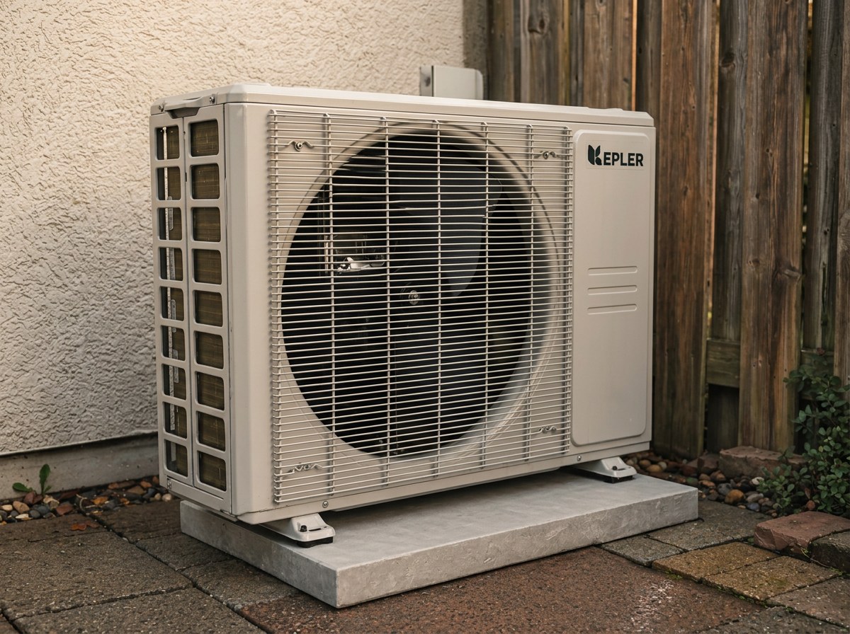 Kepler cold-climate heat pump outdoor unit installed on a concrete pad beside a stucco wall