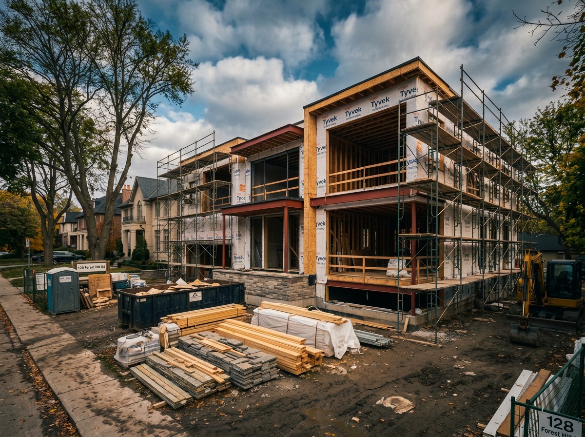 Modern custom residence under construction with Tyvek wrap, scaffolding, steel beams and lumber