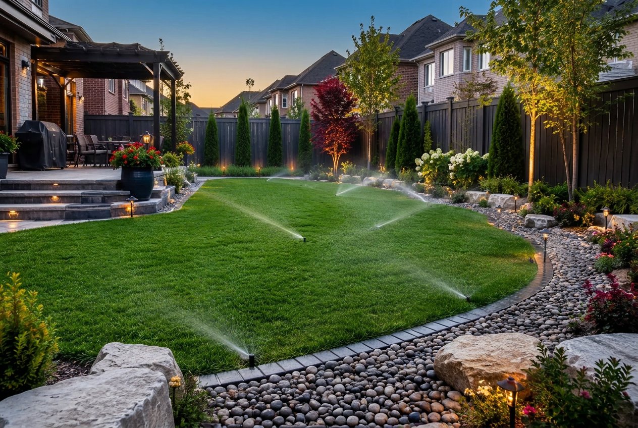 Multi-zone residential irrigation system watering a lush, landscaped backyard at dusk