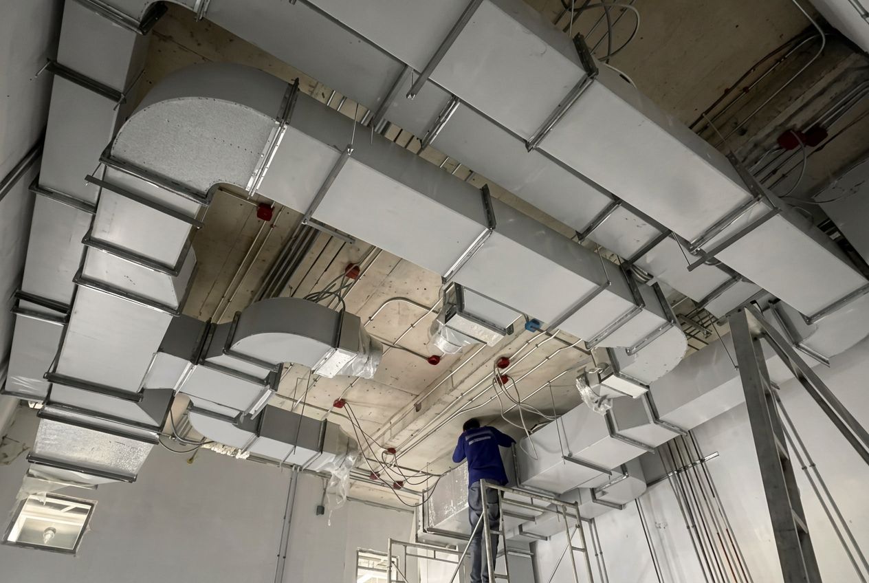 Biznest Canada technician installing large-scale galvanized supply and return ductwork on a commercial ceiling