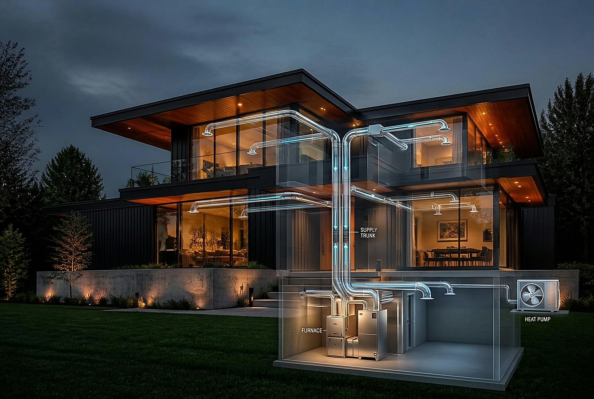 Cutaway of a modern home revealing the furnace, supply and return ductwork