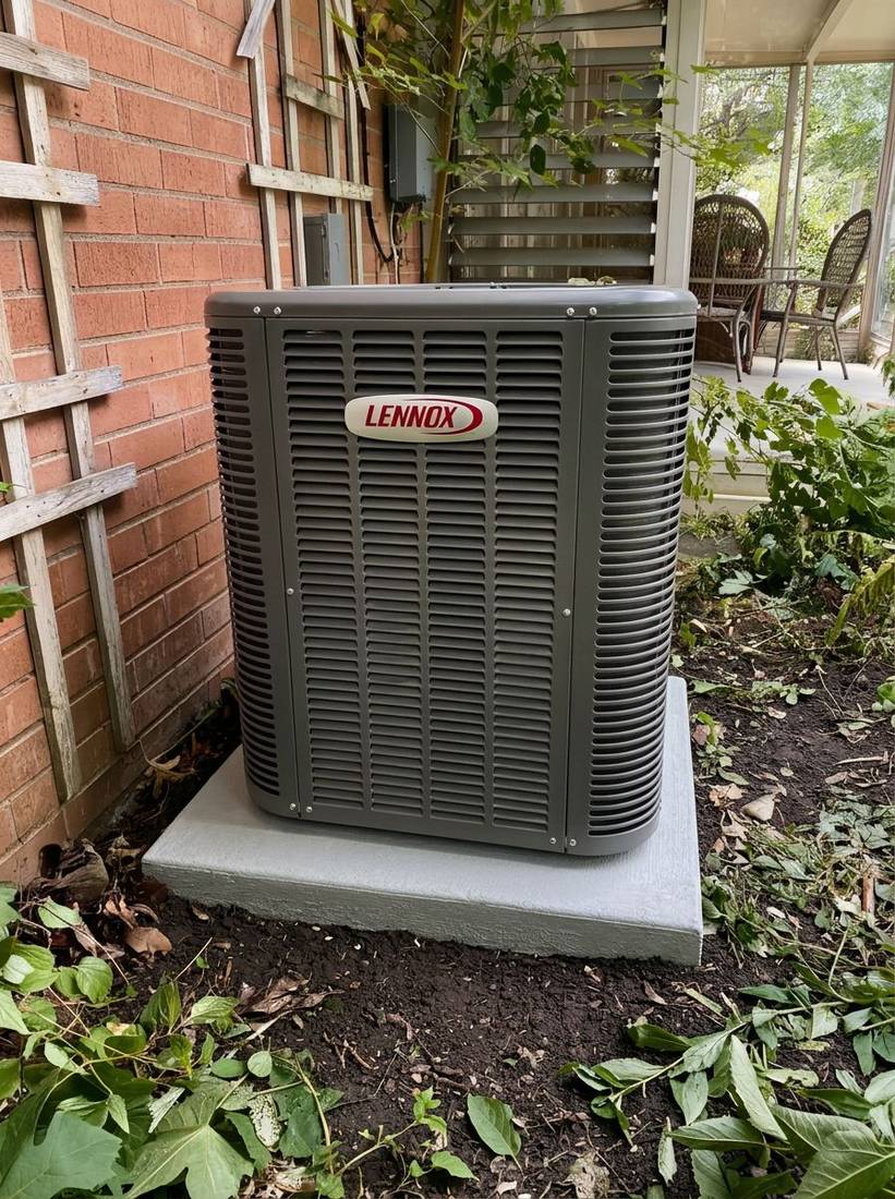 Outdoor air conditioning unit positioned beside a brick wall and garden