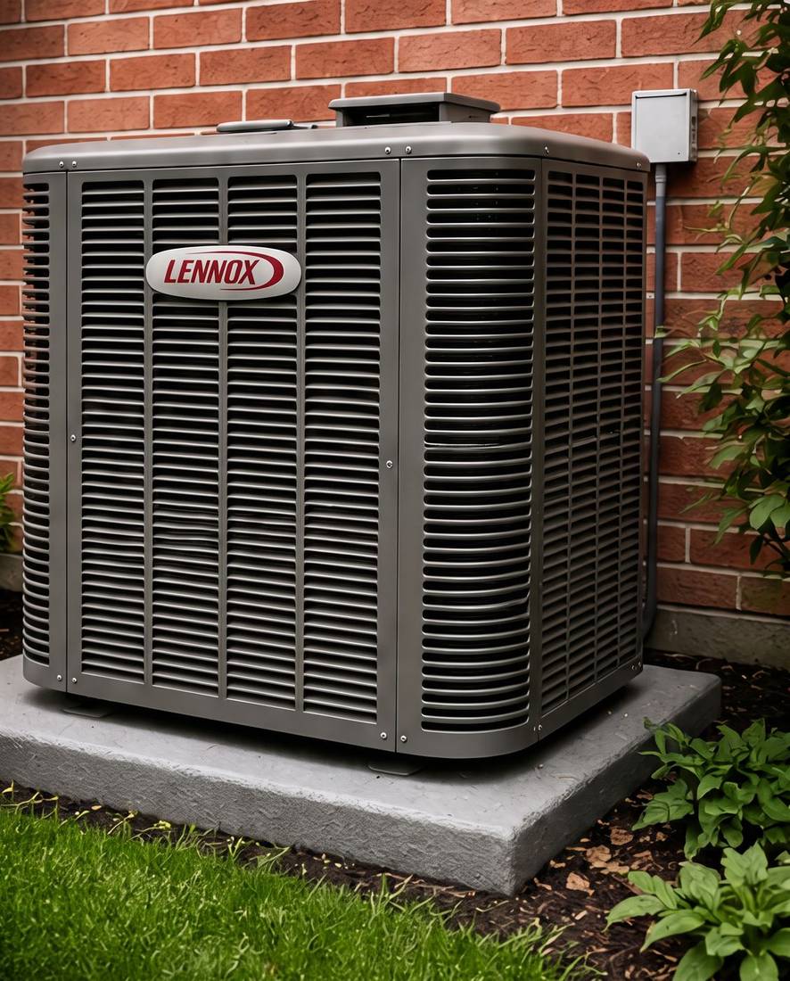 Air conditioner condenser set on a poured concrete pad against a brick wall