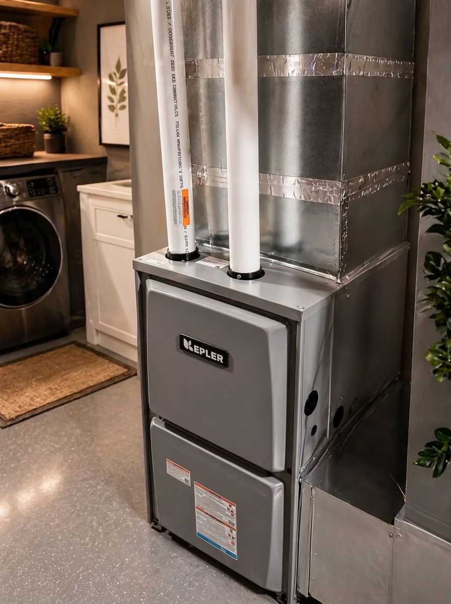 High-efficiency furnace with sealed plenum, foil-taped ductwork and PVC venting
