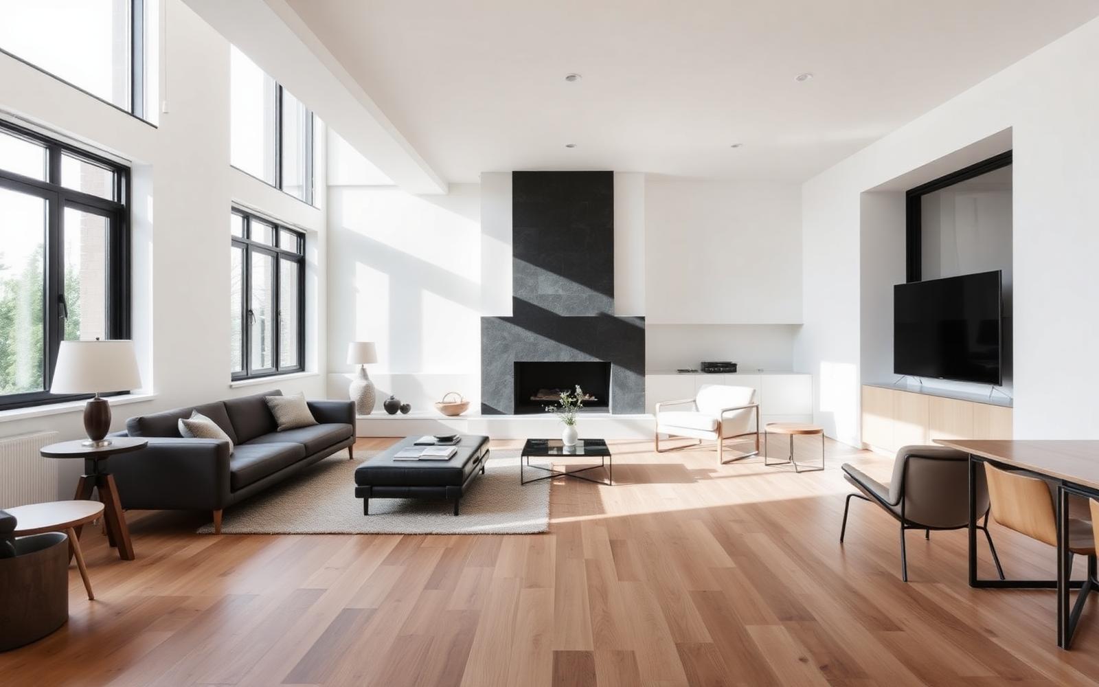 Living room after renovation — minimalist modern design with natural light