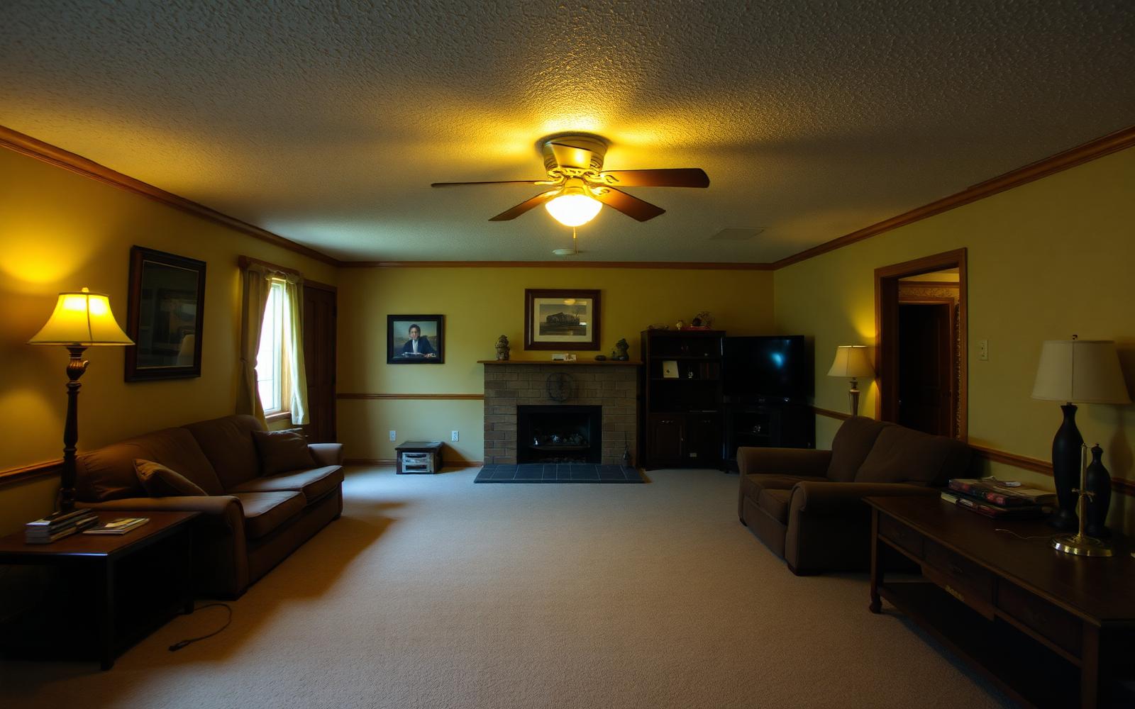 Living room before renovation — dated finishes and dim lighting