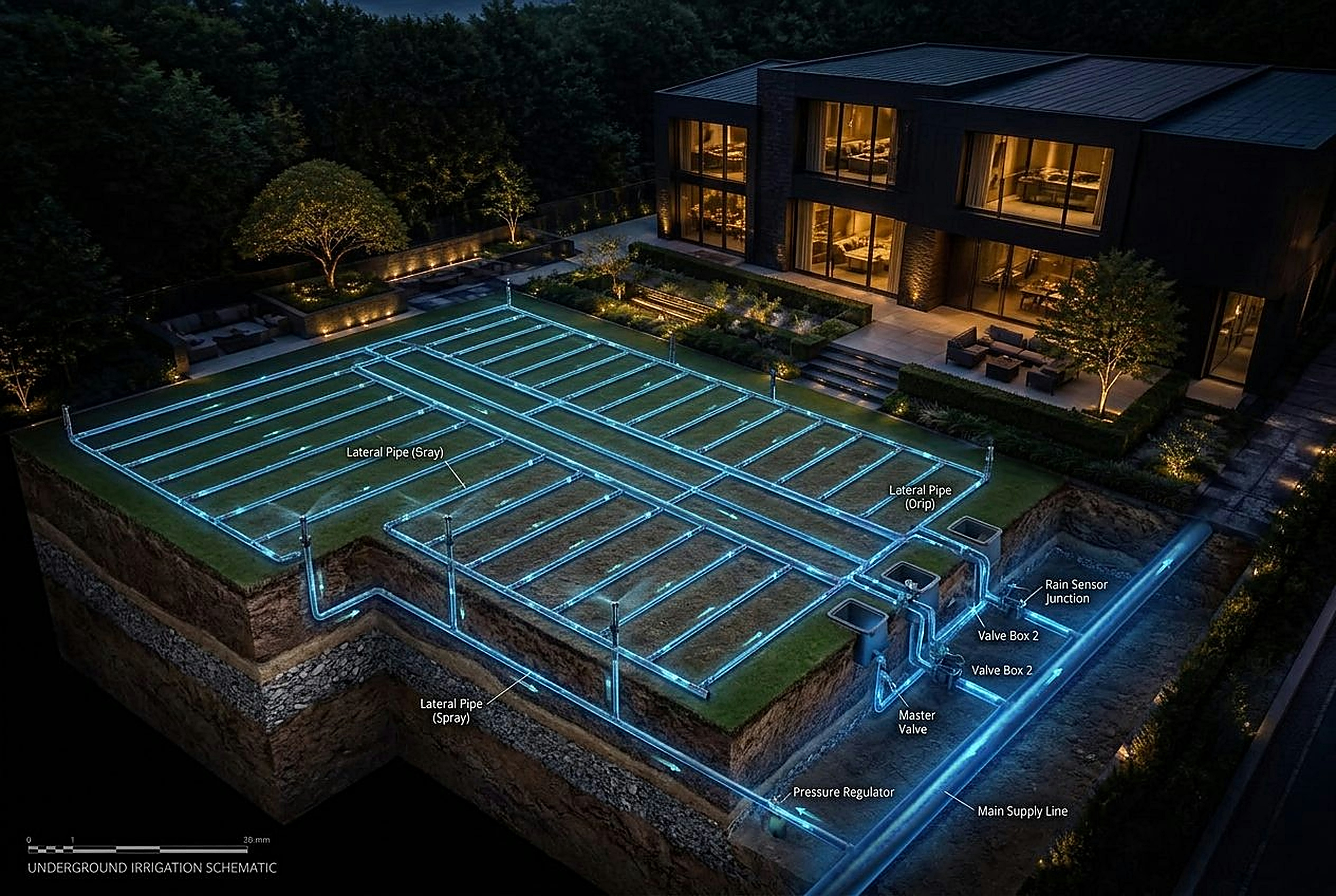 Underground irrigation network beneath the property: main line, zone valves and sprinkler risers